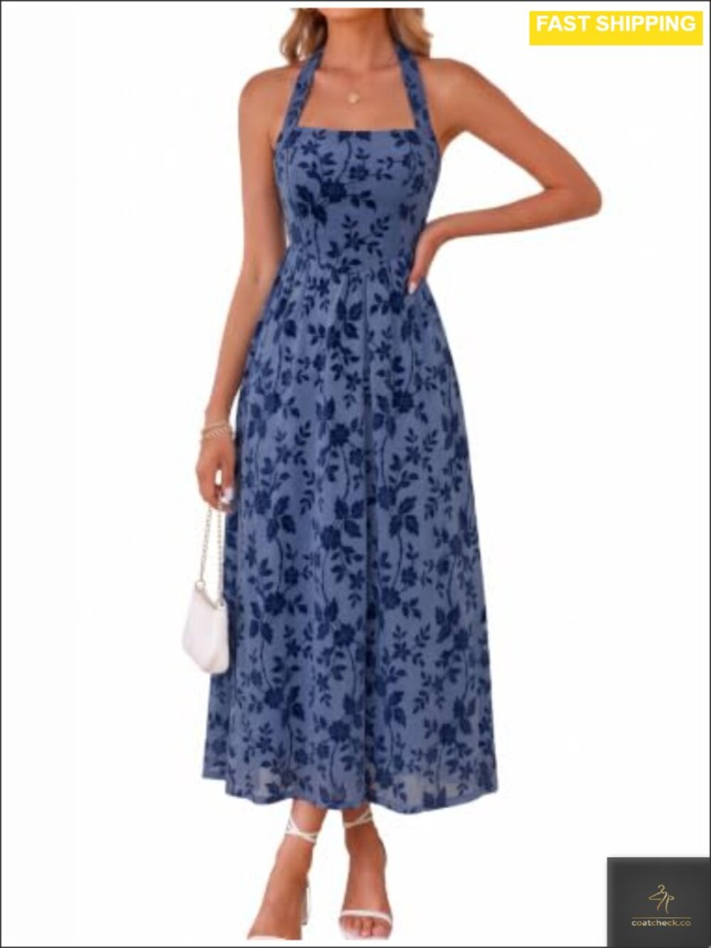 Halter Maxi Dress Floral Embroidery Open Back Wedding Guest